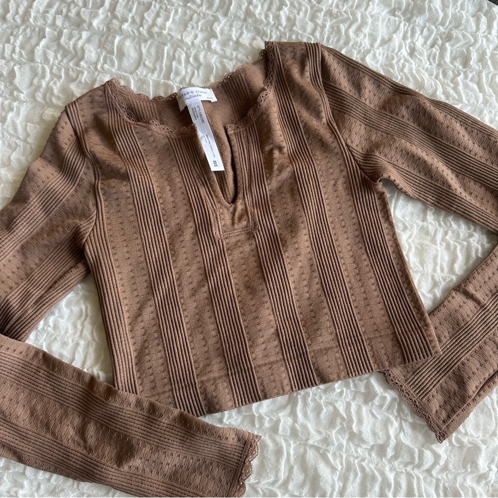 Altar’d State Ribbed Long Sleeve Top Brown Fitted Stretch XS S